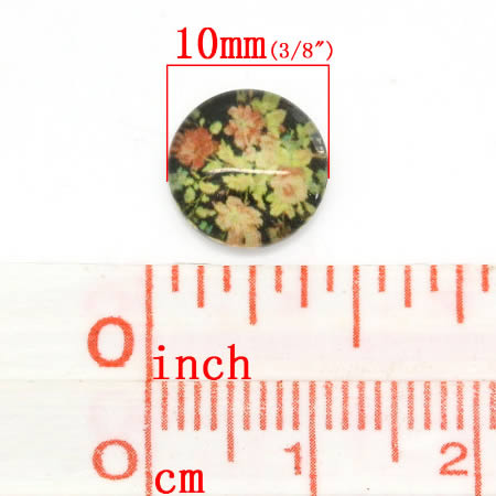 Glazen cabochon Zwart met bloemen