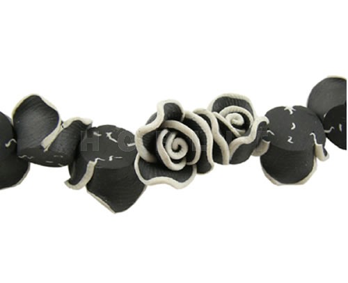 1x Fimo Kraal Roosje zwart/wit 10 mm