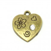 1x Hart Bedeltje  Brons / strass wit